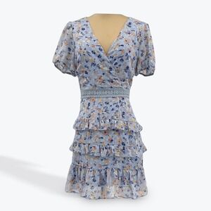 City Studio Blue Floral Ruffle Mini Dress V Neck Short Sleeve Size 9